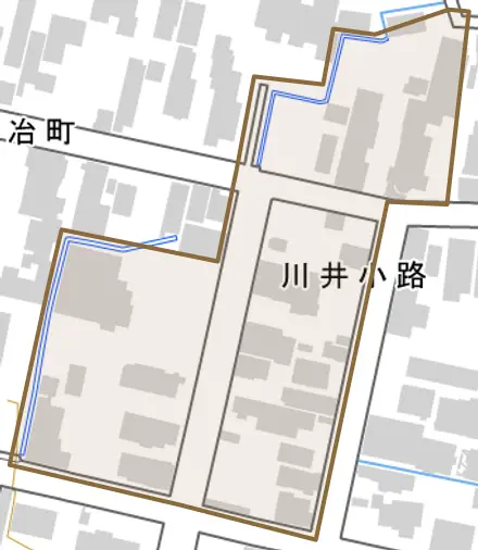 川井小路とその周辺の地図。町の範囲を重ねている