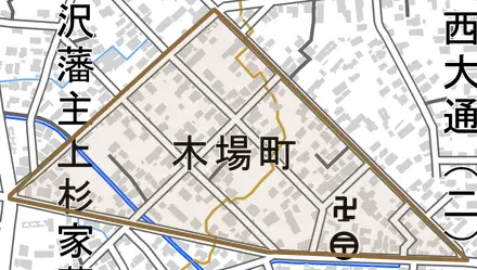 木場町とその周辺の地図。町の範囲を重ねている