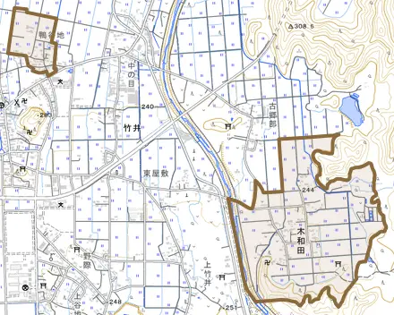 大字木和田とその周辺の地図。町の範囲を重ねている