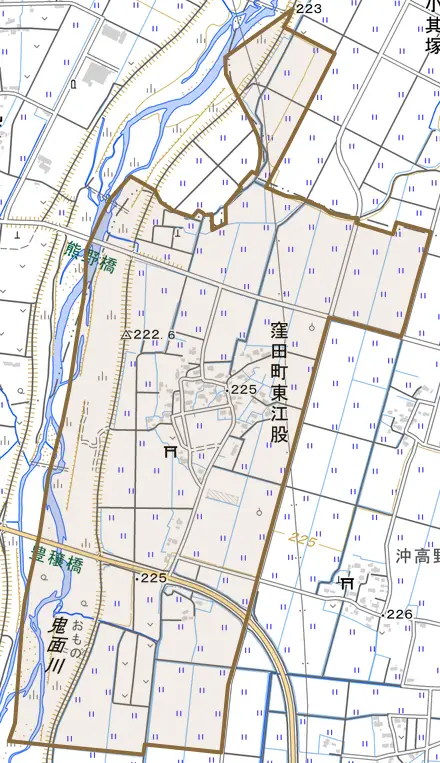 窪田町東江股とその周辺の地図。町の範囲を重ねている