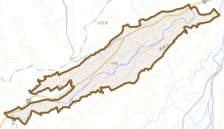 大字口田沢とその周辺の地図。町の範囲を重ねている