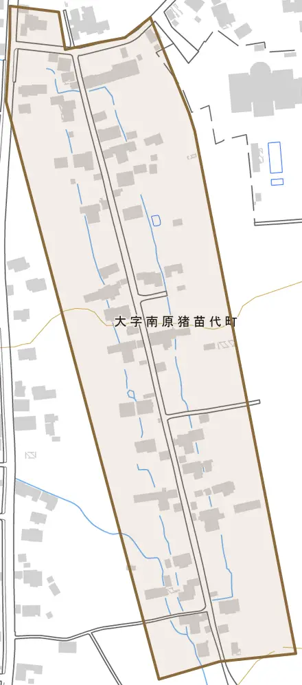 大字南原猪苗代町とその周辺の地図。町の範囲を重ねている