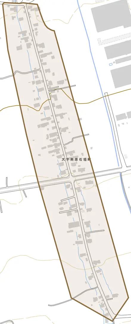 大字南原石垣町とその周辺の地図。町の範囲を重ねている
