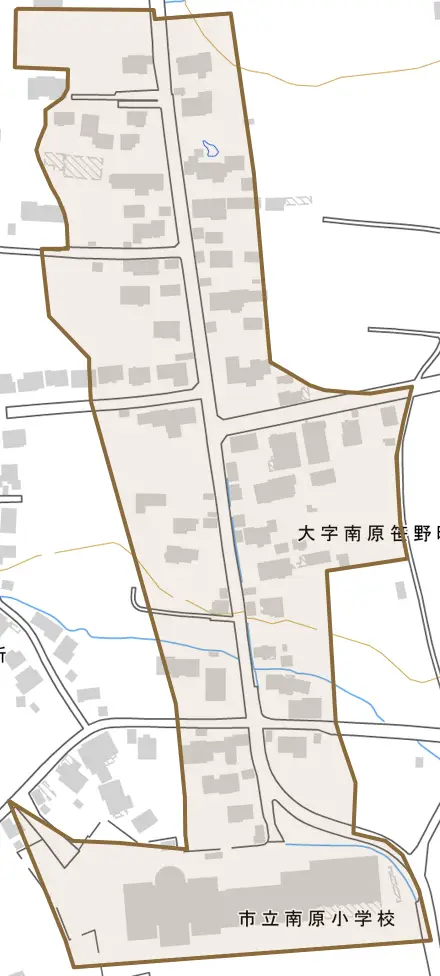 大字南原笹野町とその周辺の地図。町の範囲を重ねている