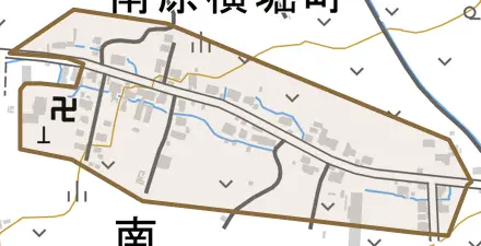 大字南原横堀町とその周辺の地図。町の範囲を重ねている