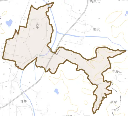 大字長手とその周辺の地図。町の範囲を重ねている