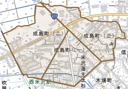 成島町とその周辺の地図。町の範囲を重ねている