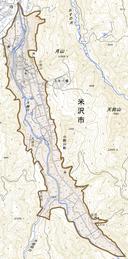 小野川町とその周辺の地図。町の範囲を重ねている