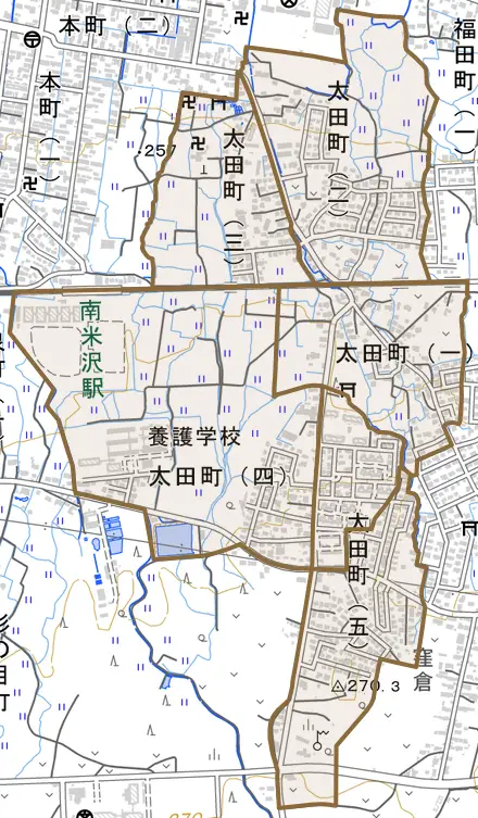 太田町とその周辺の地図。町の範囲を重ねている