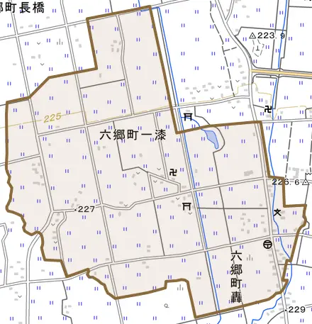 六郷町一漆とその周辺の地図。町の範囲を重ねている