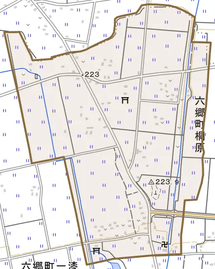 六郷町桐原とその周辺の地図。町の範囲を重ねている
