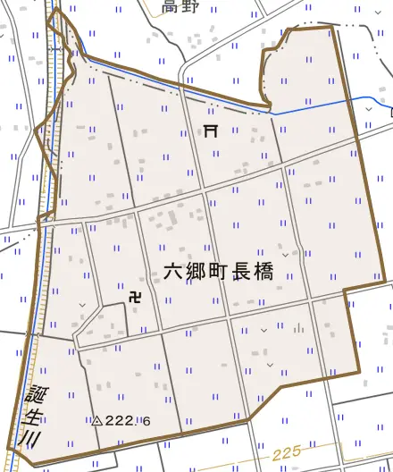 六郷町長橋とその周辺の地図。町の範囲を重ねている
