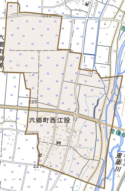 六郷町西江股とその周辺の地図。町の範囲を重ねている
