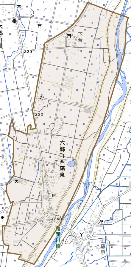 六郷町西藤泉とその周辺の地図。町の範囲を重ねている