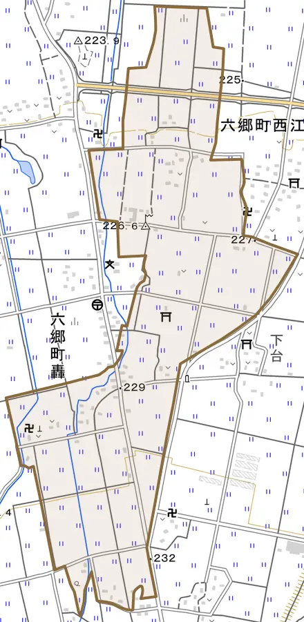 六郷町轟とその周辺の地図。町の範囲を重ねている