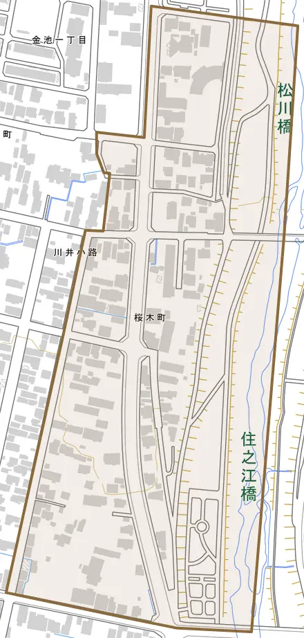 桜木町とその周辺の地図。町の範囲を重ねている