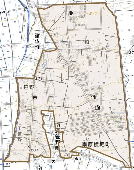 大字笹野とその周辺の地図。町の範囲を重ねている