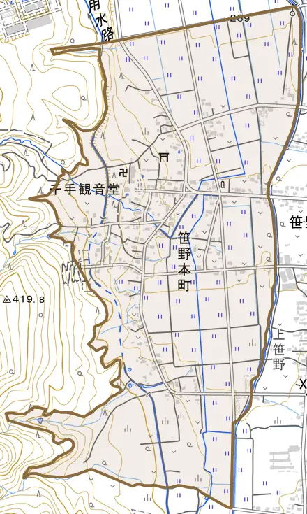 笹野本町とその周辺の地図。町の範囲を重ねている