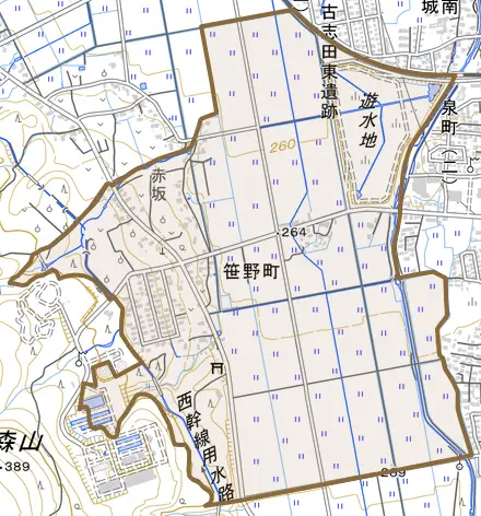 笹野町とその周辺の地図。町の範囲を重ねている