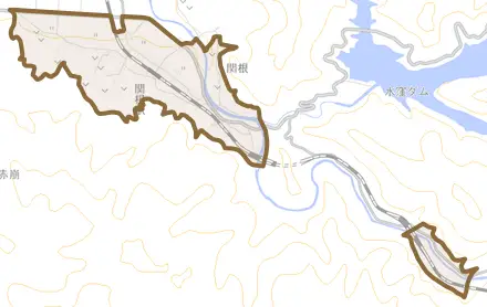 大字関根とその周辺の地図。町の範囲を重ねている
