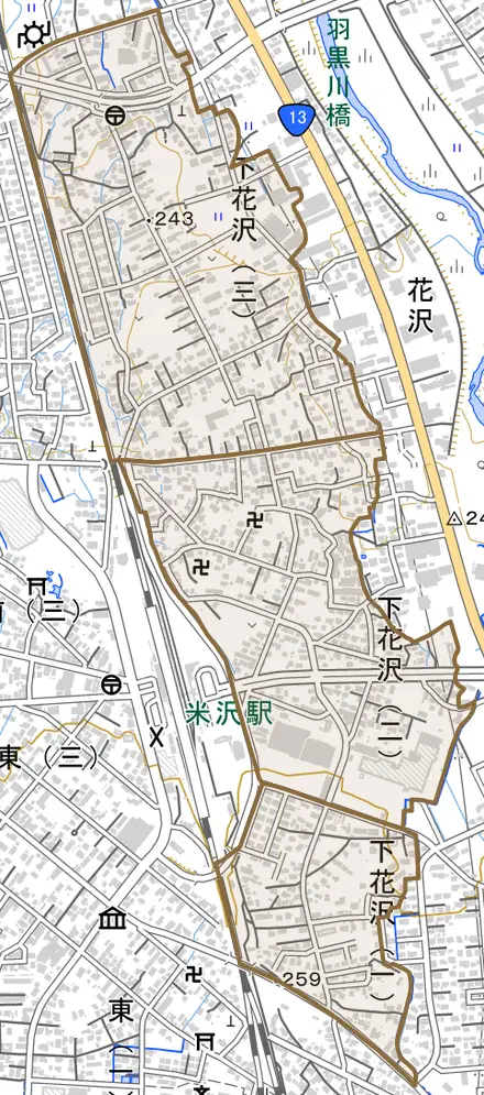 下花沢とその周辺の地図。町の範囲を重ねている