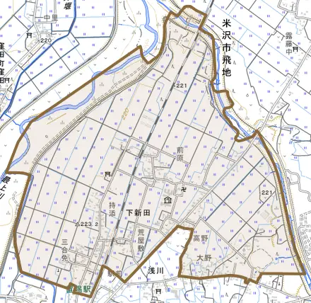 大字下新田とその周辺の地図。町の範囲を重ねている