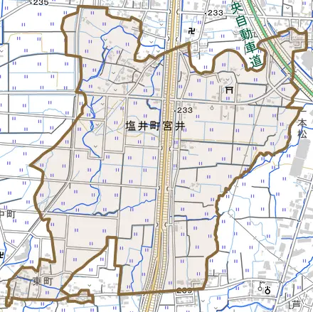 塩井町宮井とその周辺の地図。町の範囲を重ねている