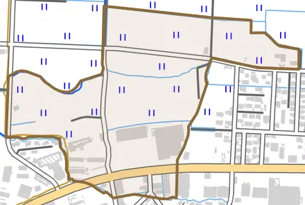 大字塩野とその周辺の地図。町の範囲を重ねている