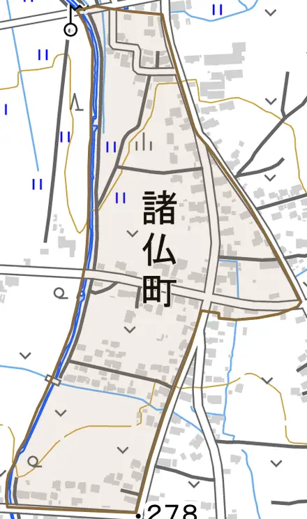 諸仏町とその周辺の地図。町の範囲を重ねている