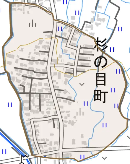 杉の目町とその周辺の地図。町の範囲を重ねている