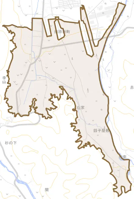 大字李山とその周辺の地図。町の範囲を重ねている