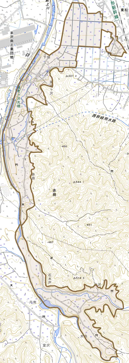 大字赤崩とその周辺の地図。町の範囲を重ねている