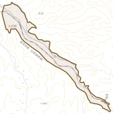 大字大沢とその周辺の地図。町の範囲を重ねている