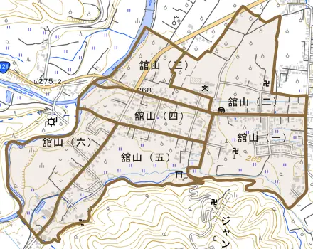 舘山とその周辺の地図。町の範囲を重ねている