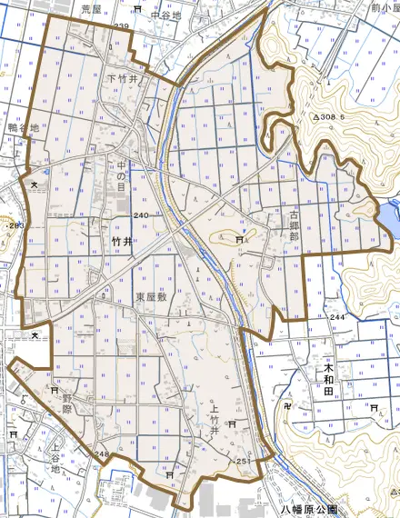 大字竹井とその周辺の地図。町の範囲を重ねている