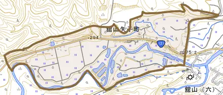 舘山矢子町とその周辺の地図。町の範囲を重ねている