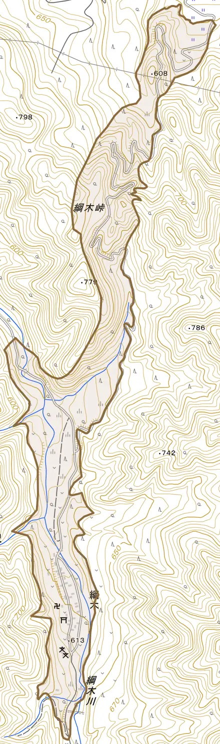 大字綱木とその周辺の地図。町の範囲を重ねている