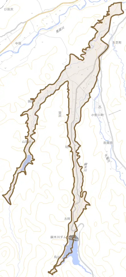 大字簗沢とその周辺の地図。町の範囲を重ねている