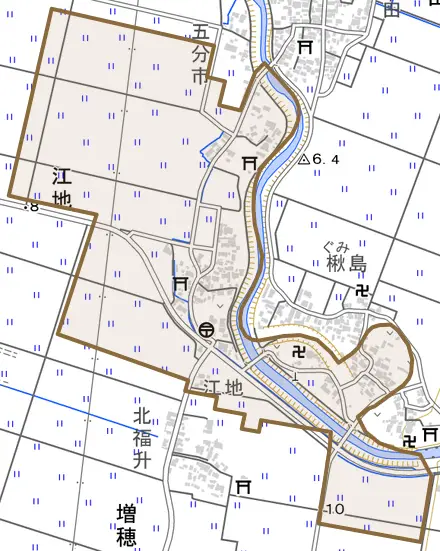 江地とその周辺の地図。町の範囲を重ねている