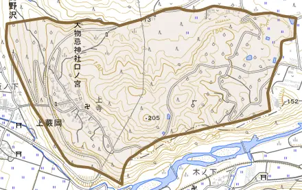 上蕨岡とその周辺の地図。町の範囲を重ねている