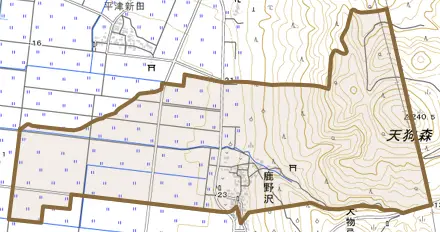 鹿野沢とその周辺の地図。町の範囲を重ねている