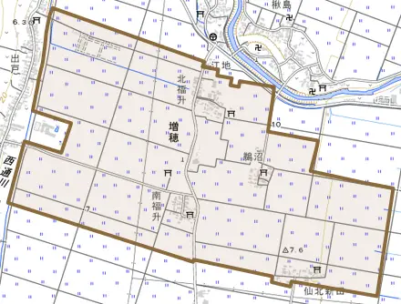 増穂とその周辺の地図。町の範囲を重ねている
