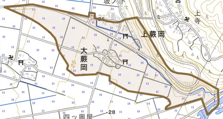 大蕨岡とその周辺の地図。町の範囲を重ねている
