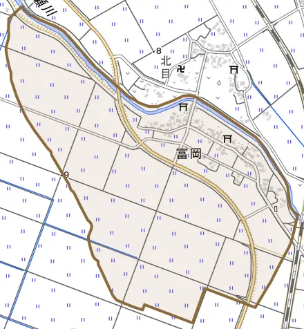 富岡とその周辺の地図。町の範囲を重ねている