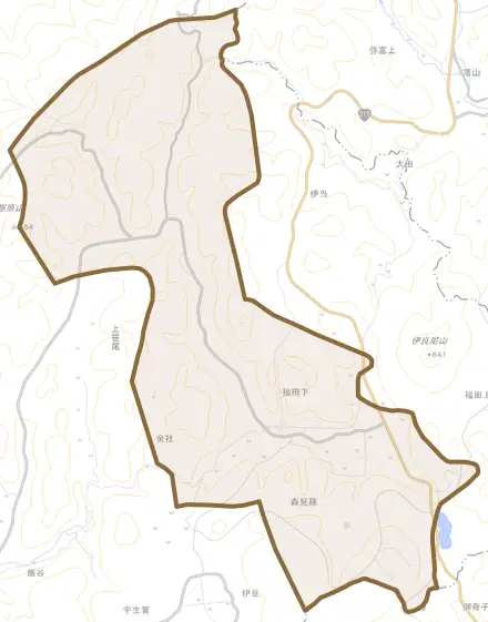 大字福田下とその周辺の地図。町の範囲を重ねている