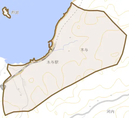 大字木与とその周辺の地図。町の範囲を重ねている