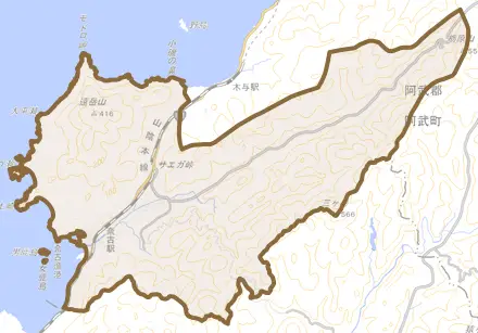 大字奈古とその周辺の地図。町の範囲を重ねている