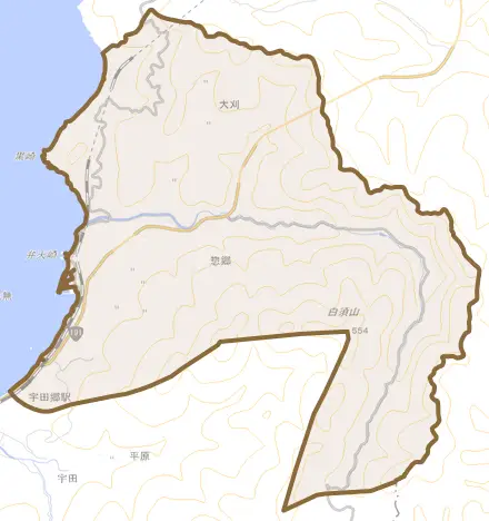 大字惣郷とその周辺の地図。町の範囲を重ねている
