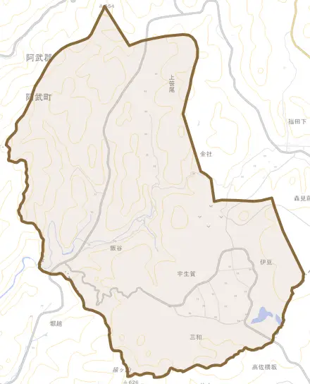 大字宇生賀とその周辺の地図。町の範囲を重ねている