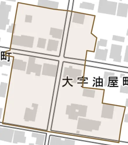 大字油屋町とその周辺の地図。町の範囲を重ねている